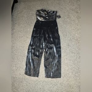NWT, Anthropologie, Strapless, Black and Silver, Metallic Jumpsuit, Size 12